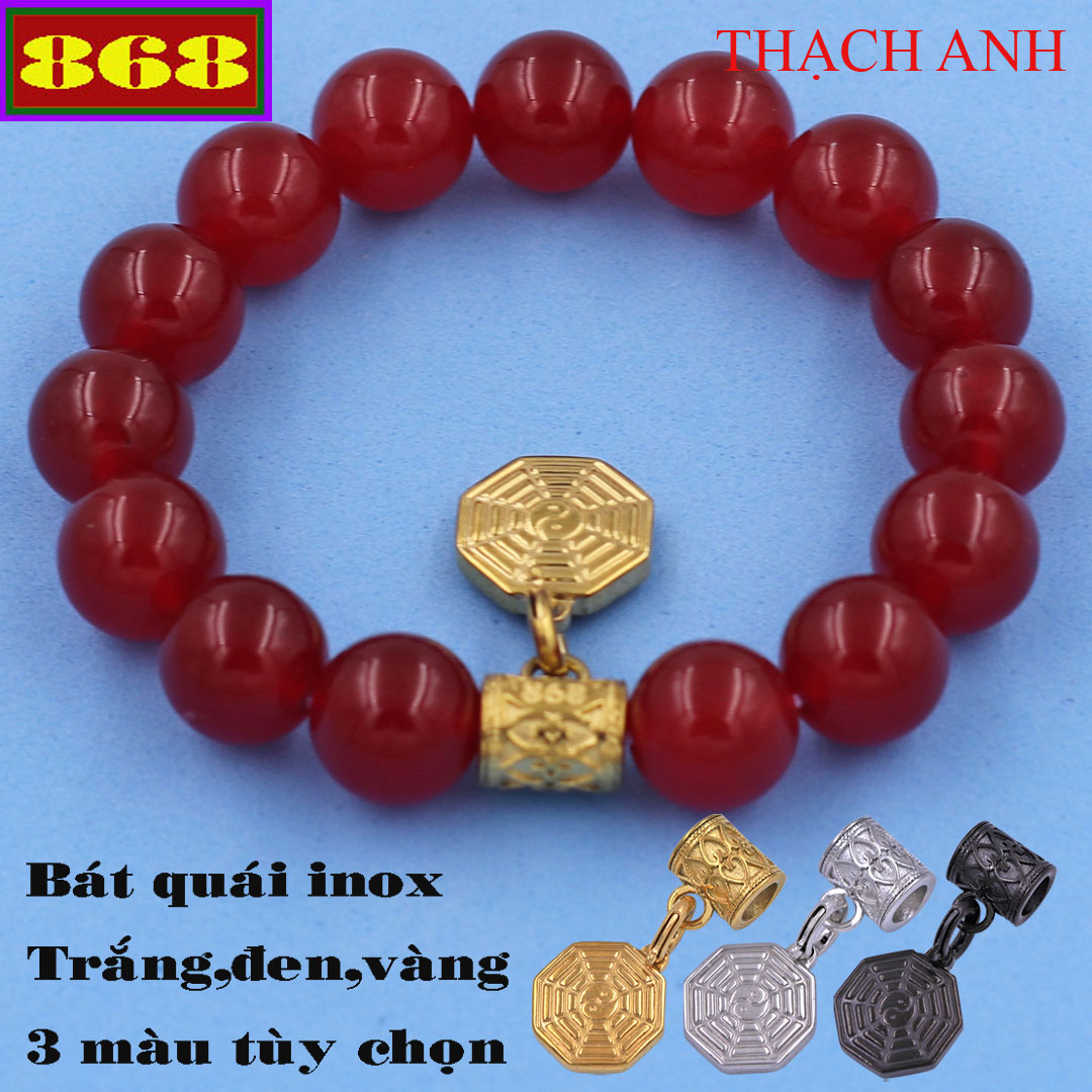 Chuỗi tay thạch anh đỏ 12 ly - charm bát quái inox vàng vtaobqv12 - hợp mệnh hỏa, thổ