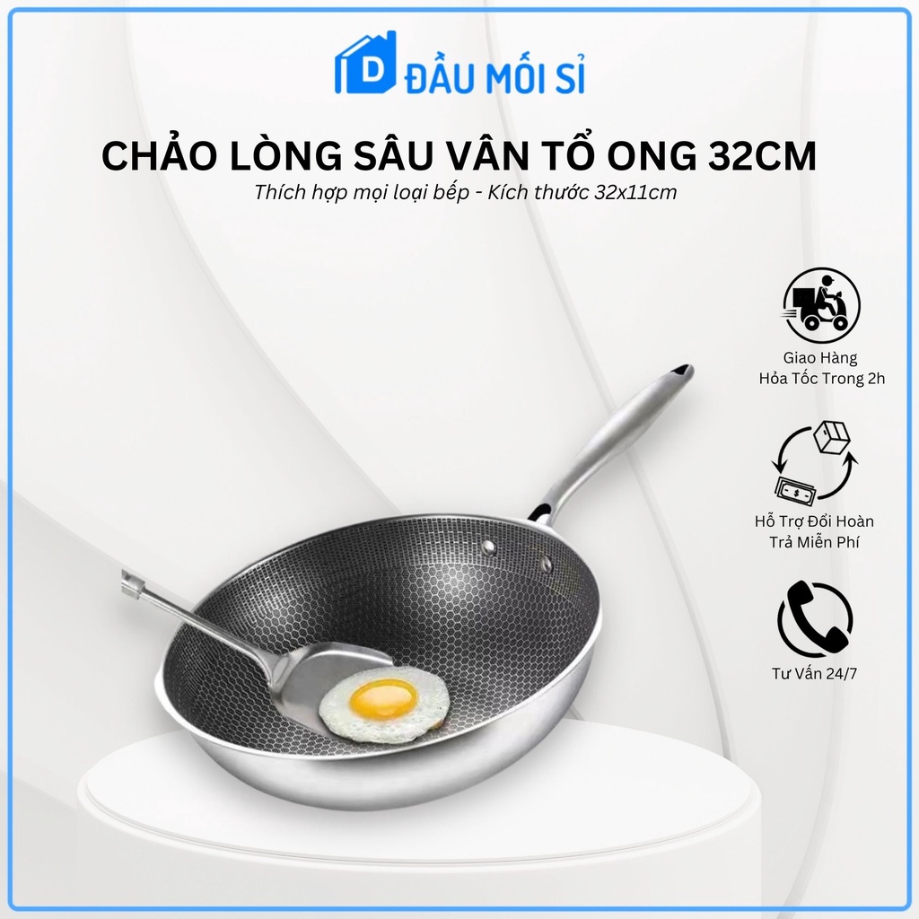 Chảo tổ ong 32cm chảo inox 3 lớp sâu lòng cào không xước siêu chống dính vân tổ ong đường kính 32cm 1.5kg chảo chống dính chảo