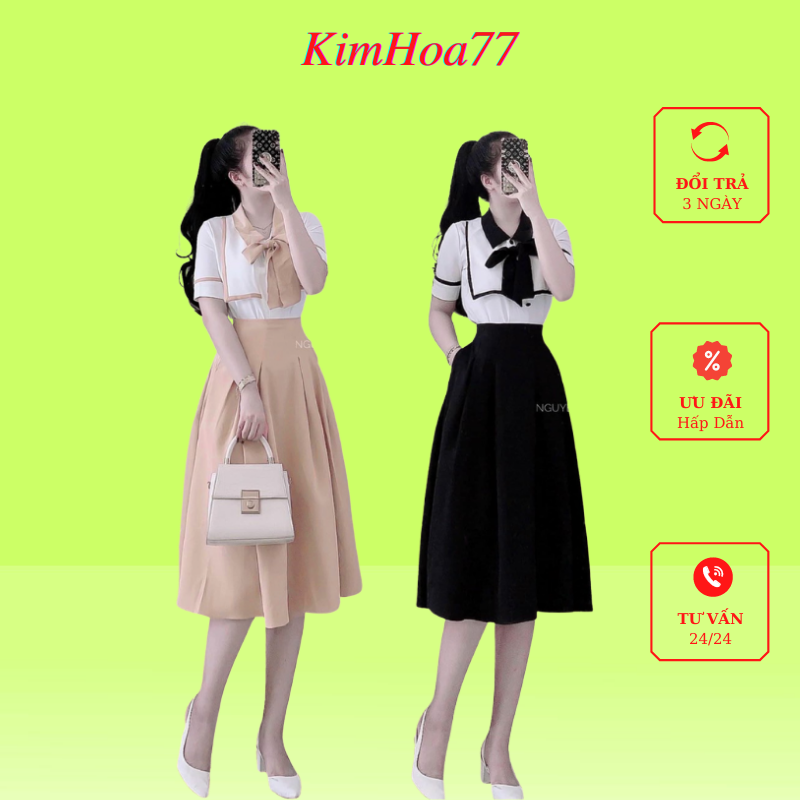 Sét áo chân váy gồm áo tiểu thư thắt nơ chất lụa và chân váy dài mago freesize kimhoa77