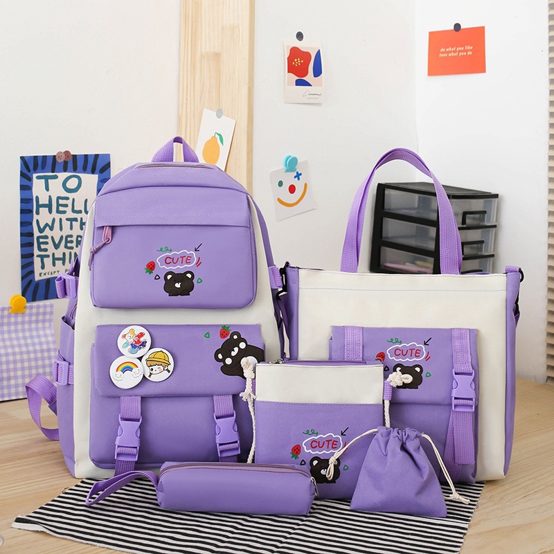 Balo 4 món Ulzzang combo 4 món học sinh sinh viên laptop - Gấu Cute Mica phối