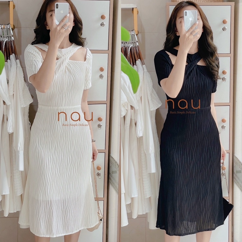 Đầm đi tiệc cổ chéo vải gân sợi