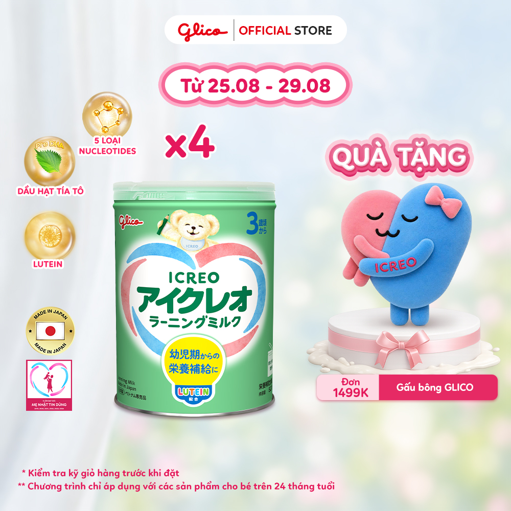 (ICREO SỐ 3) Combo 4 Lon Thực Phẩm Bổ Sung Sữa Dinh Dưỡng GLICO ICREO LEARNING MILK cho bé từ 3 tuổi trở lên (Số 3 - 4Lon x 820g/Lon)