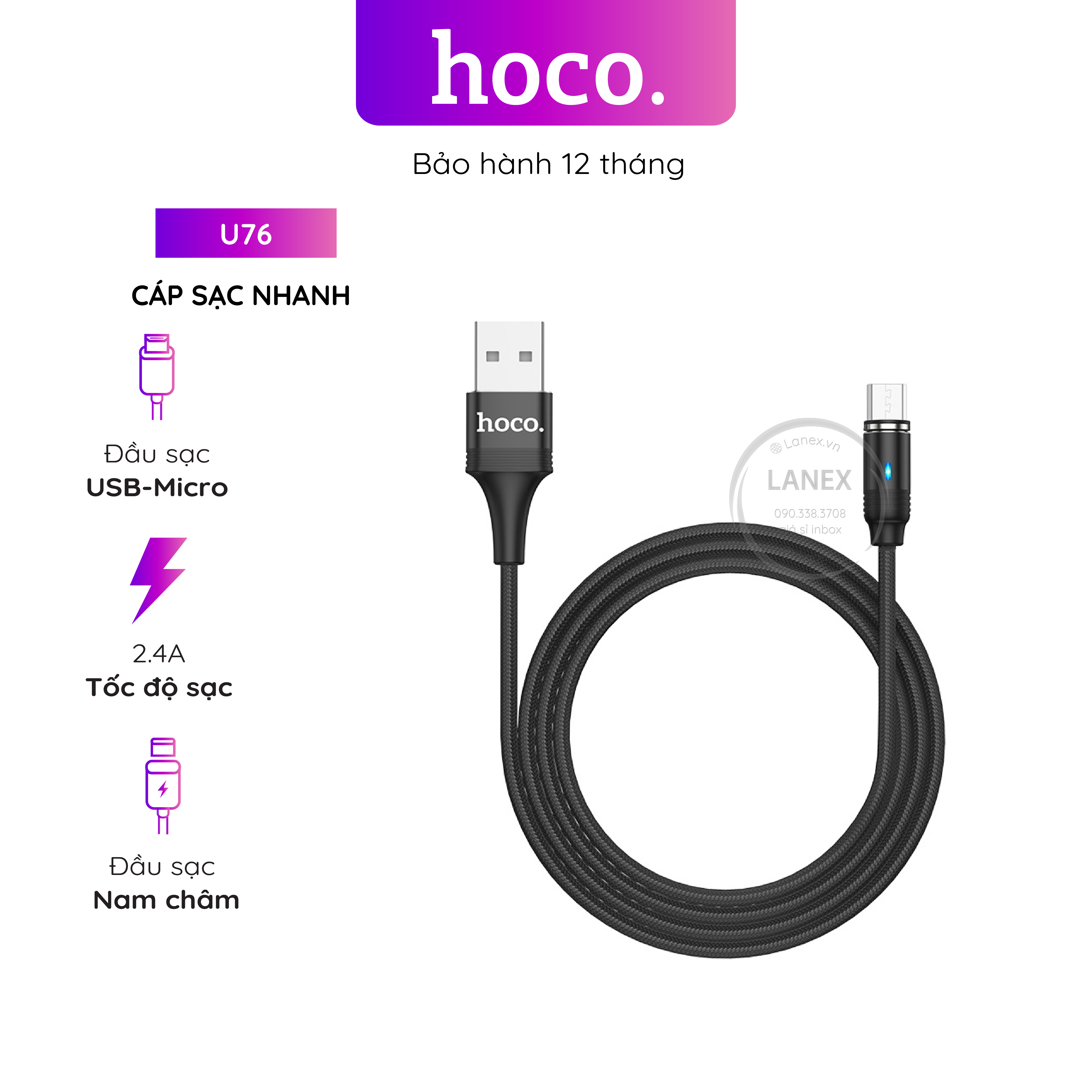 Cáp Sạc Nhanh Hoco U76 Dây Dù Nam Châm Micro Usb 2.4a Dài 1.2m