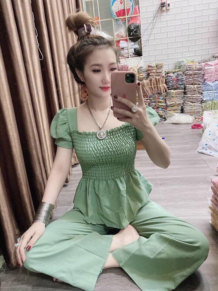 [15-17.5 Hoàn tiền 15%]  SET ĐỒ BỘ MẶC Ở NHÀ MẶC NGỦ ÁO TAY NGẮN PHẦN NGỰC BO EO QUẦN SUÔNG DÀI CHẤT VẢI KATE MÁT MẺ