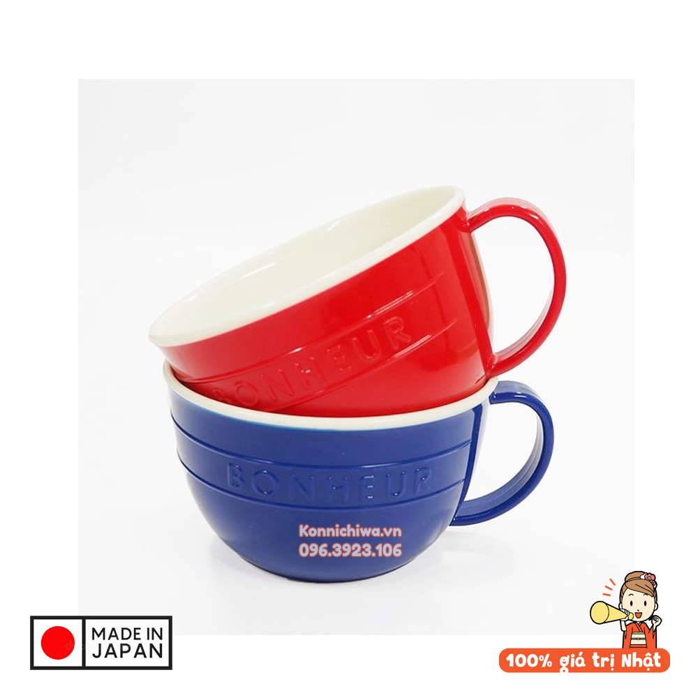 Cốc Nhựa Giả Sứ BONHEUR Yamada 400ml Có Quai Cầm Màu Đỏ & Xanh Navy - Cốc Latte, Soup | Hàng Nội Địa Nhật