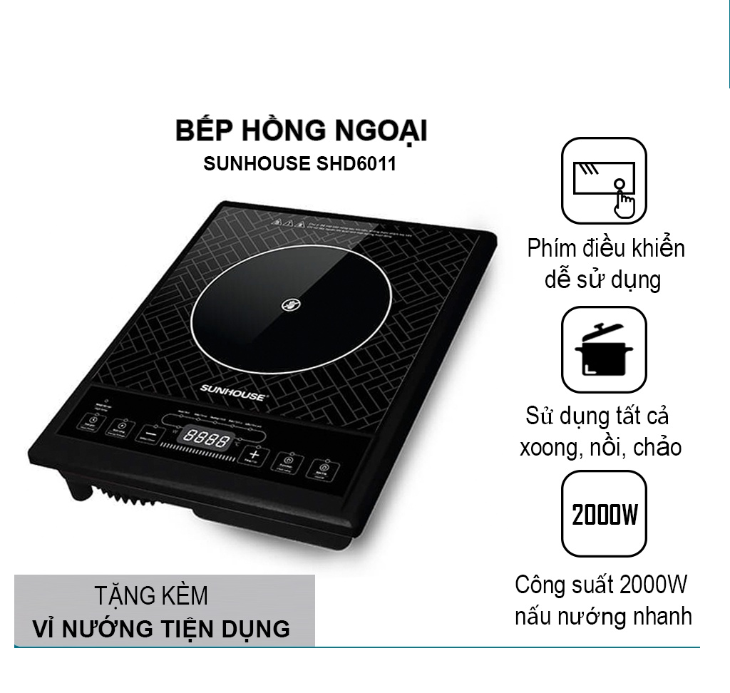 Bếp hồng ngoại sunhouse shd6011 công suất 2000w - đen bảo hành 12 tháng tặng kèm vỉ nướng