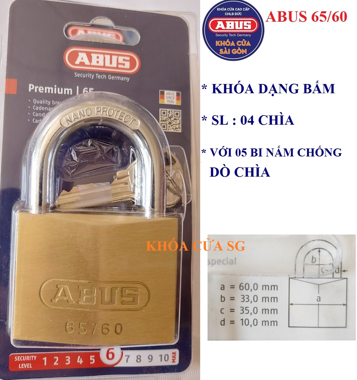 Khóa treo đồng bấm abus 65/60 - bh 5 năm