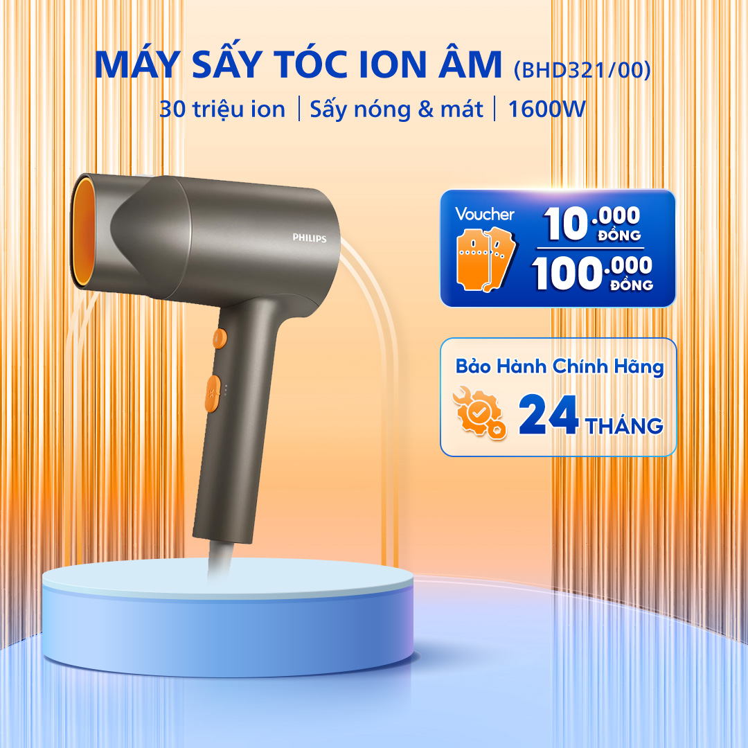 Máy Sấy Tóc PHILIPS Series 3000 BHD321/00, Công Suất 1600 W, Tăng Cường Ion Âm, Bảo Hành 24 Tháng