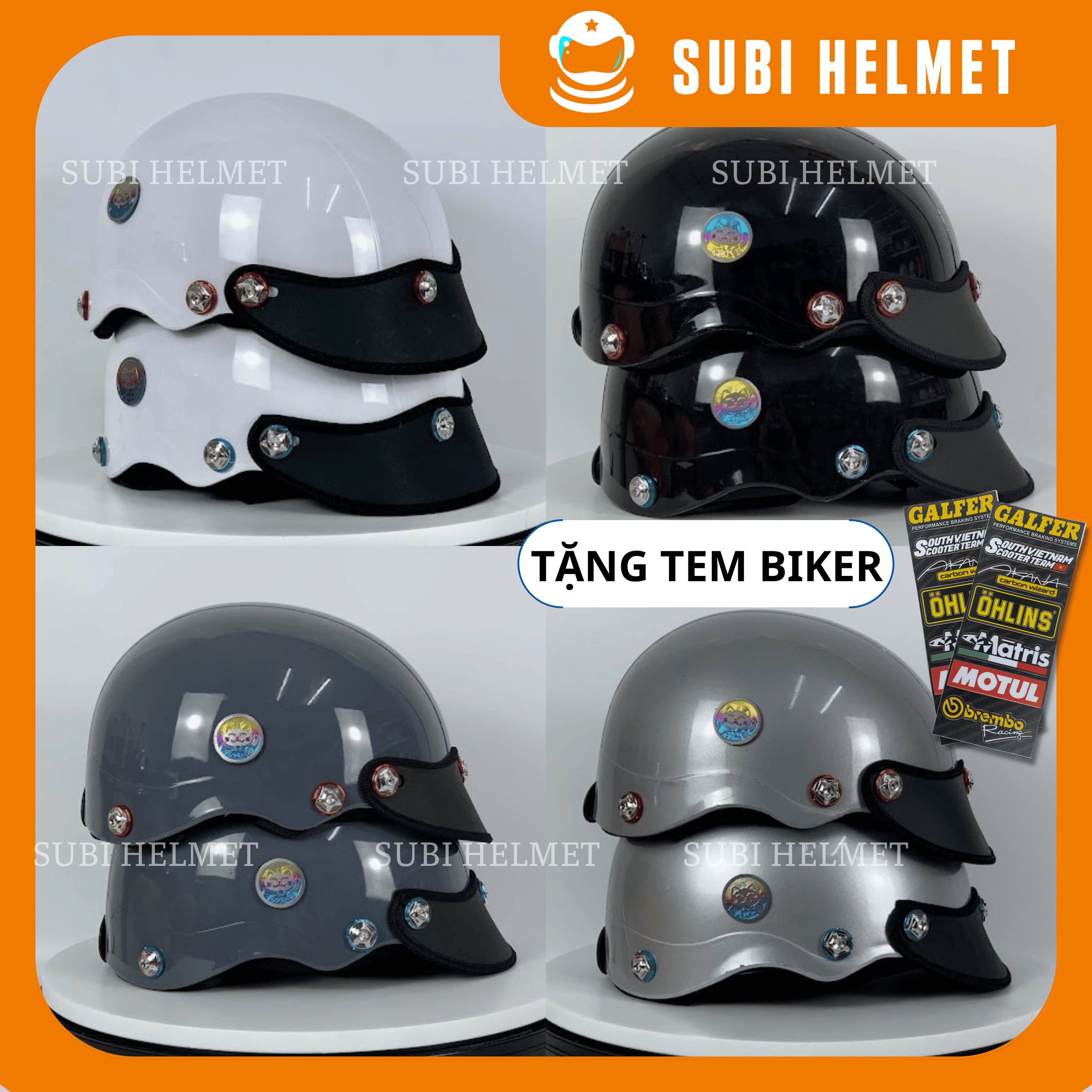 Nón bảo hiểm nửa đầu 1/2 - mũ bảo hiểm nửa đầu - sơn nhiều màu - phủ nano - gắn 7 ốc salaya + mèo thần tài