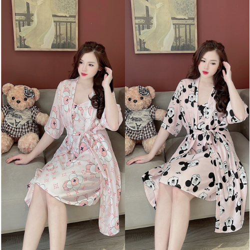 Váy ngủ lụa sexy kèm áo choàng dài tay chất liệu lụa mango mềm mại Đồ ngủ nữ mặc nhà
