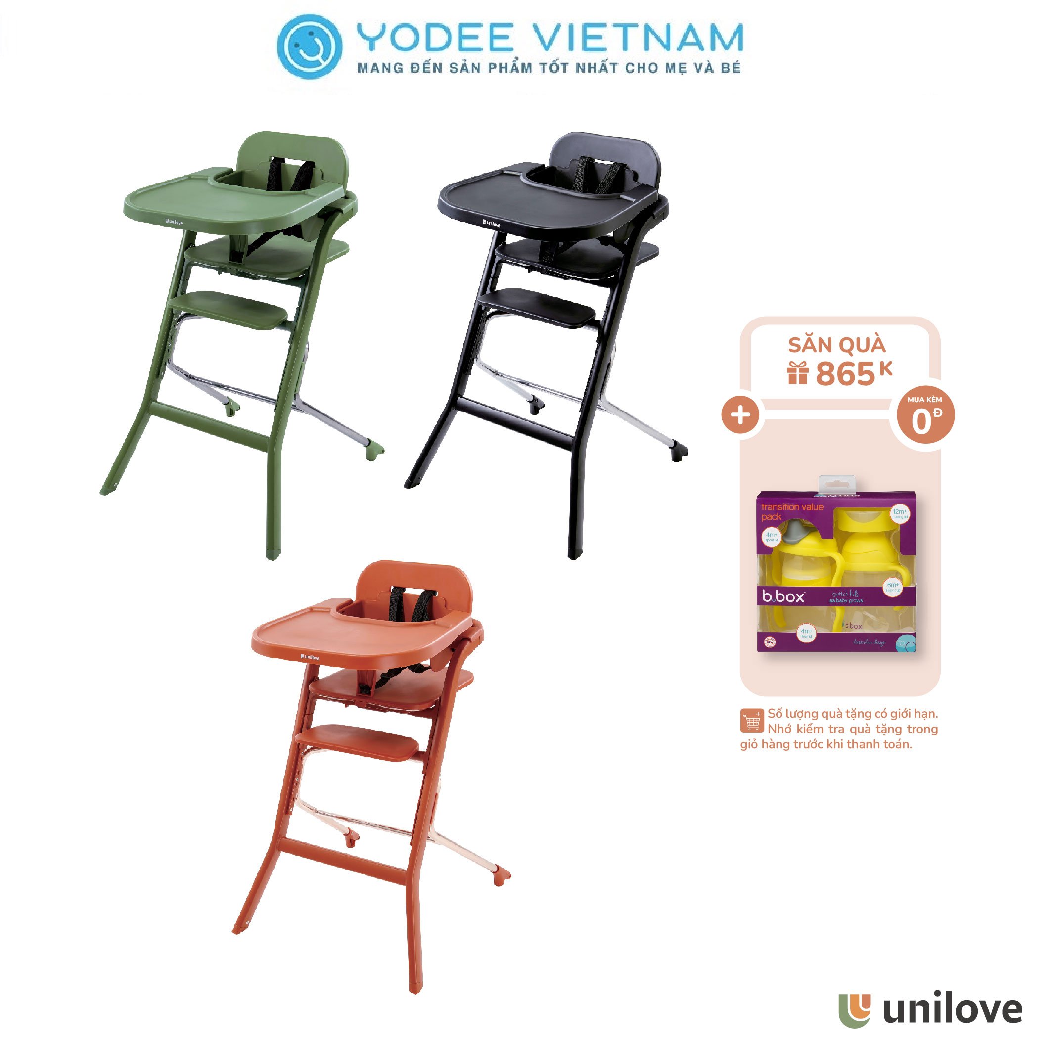 Unilove Ghế ăn dặm 2 trong 1 Grow With Me có 6 chế độ điều chỉnh độ cao và chân ghế chống trượt an toàn cho bé