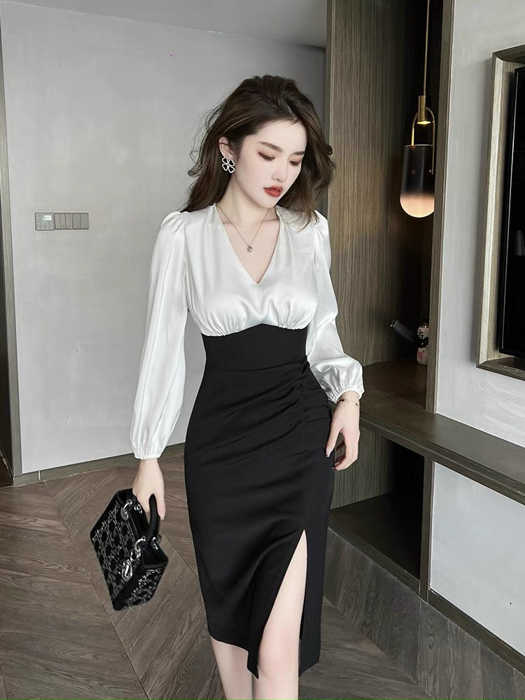 Đầm body phối lụa cổ v cao cấp - glay g122 - đầm ôm body xẻ tà cổ v sang trọng, phong cách năng động, quý phái