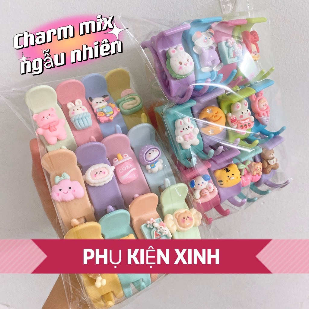 Set 12 kẹp tóc càng cua 3 răng nhựa charm đủ loại kẹp gấp bấu tóc
