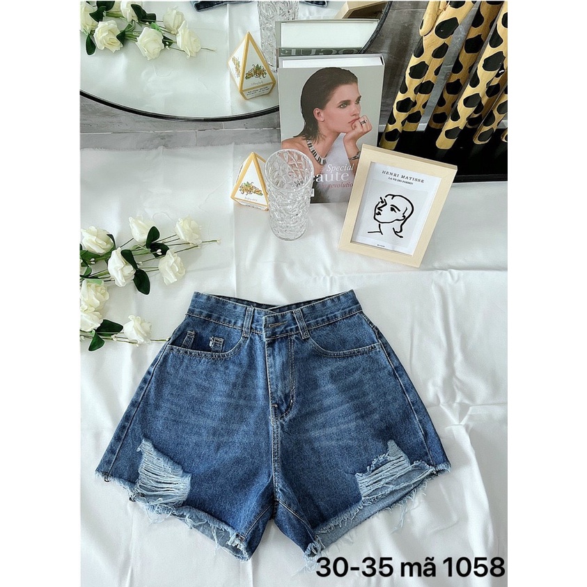 Quần đùi jeans nữ xanh rách lưng cao ống rộng ms 1058