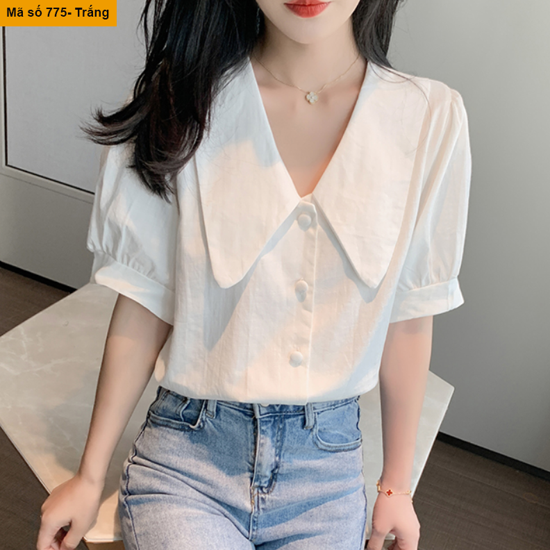 B775- áo sơ mi đũi phối cổ xinh