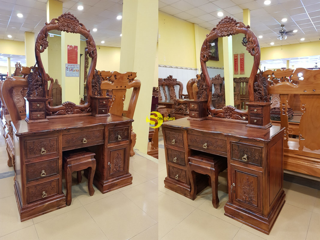 Bàn phấn gỗ xịn chạm hoa hồng-BP45