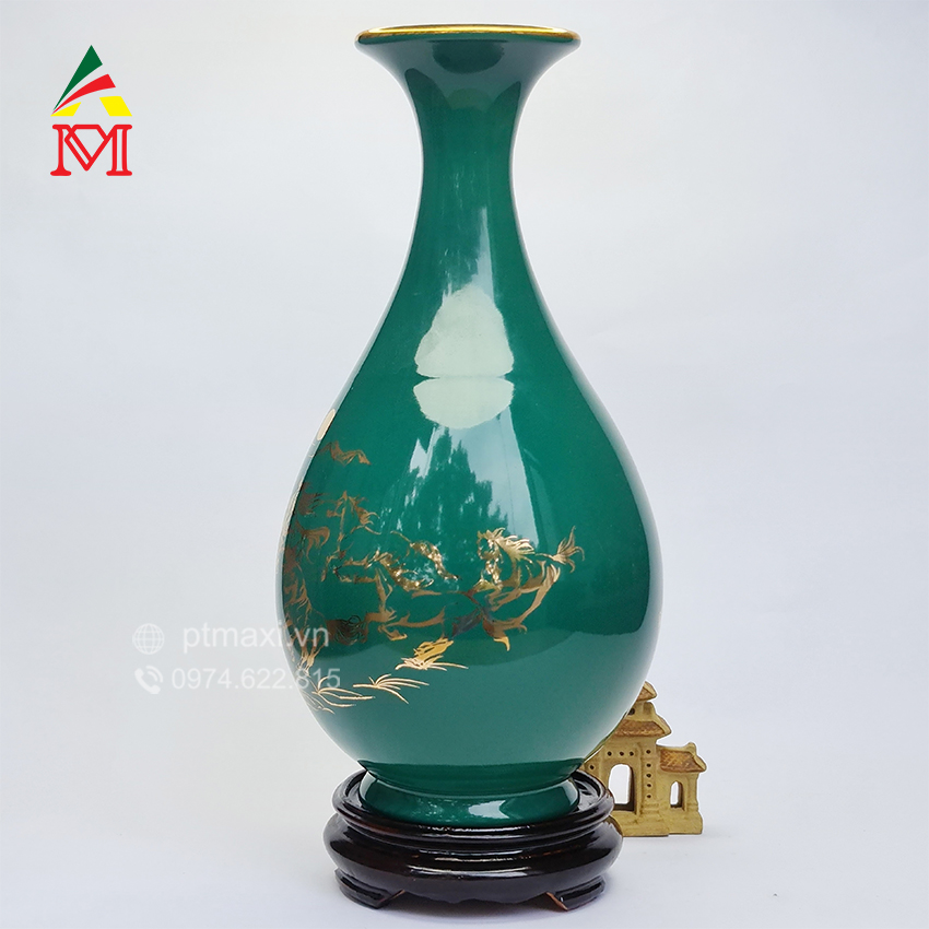 Bình Tỳ Bà Hút Lộc Gốm Sứ Bát Tràng Vẽ Vàng - Mã Đáo Thành Công. Kèm Cốt Hút Lộc