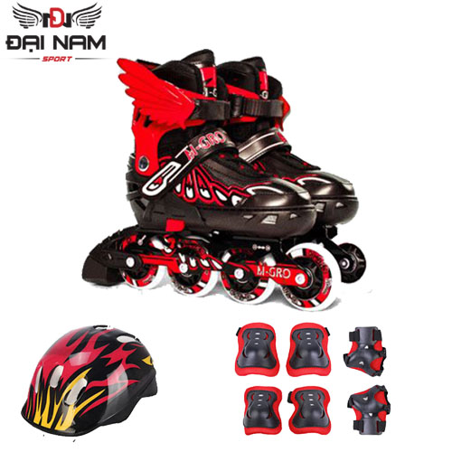 Combo Giày Trượt Patin Bánh Cao Su Phát Sáng M-Gro Chỉnh Size Chính Hãng Đại Nam Sport + Tặng Kèm Bộ Bảo Hộ (Mũ Bảo HIểm-Bảo Vệ Tay Chân)