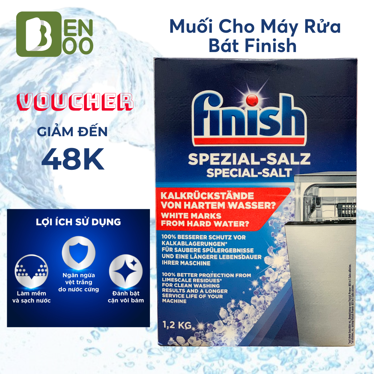 Muối rửa bát Finish loại bỏ tạp chất trong nước, kết tủa trong máy, muối rửa chén to siêu tiết kiệm hộp 1.2kg