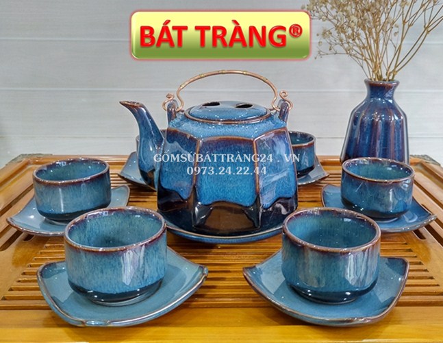Bộ ấm chén có quai đồng dây xách ấm trà bát tràng quà tặng tân gia sang trọng