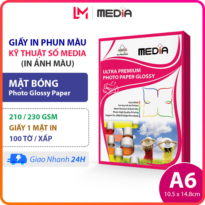 Giấy In Ảnh Media A6 Bóng 1 Mặt In 210/230gsm 100 Tờ, Giấy Ảnh Glossy Photo Paper 10x15, Giấy In Phun Màu A6