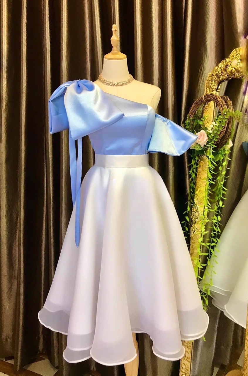 Đầm xòe phối áo kiểu nơ vai