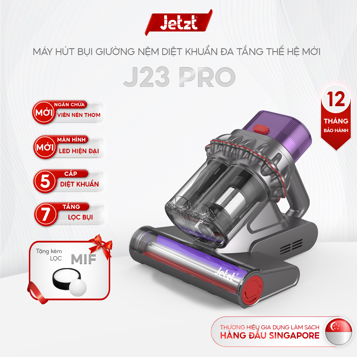 Máy hút bụi giường nệm diệt khuẩn thông minh thế hệ mới JETZT J23, lực hút 20.000 PA, hàng chính hãng