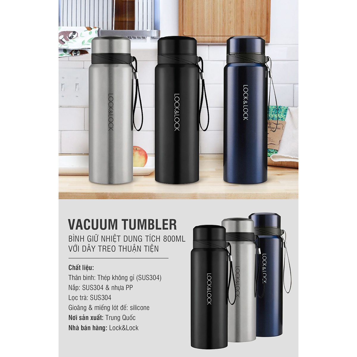 Bình giữ nhiệt Lock&Lock Vacuum Bottle 800ml Thép không gỉ - Có dây xách, nhỏ gọn, giữ nhiệt 24h Giới hạn 5 sản phẩm/đơn hàng