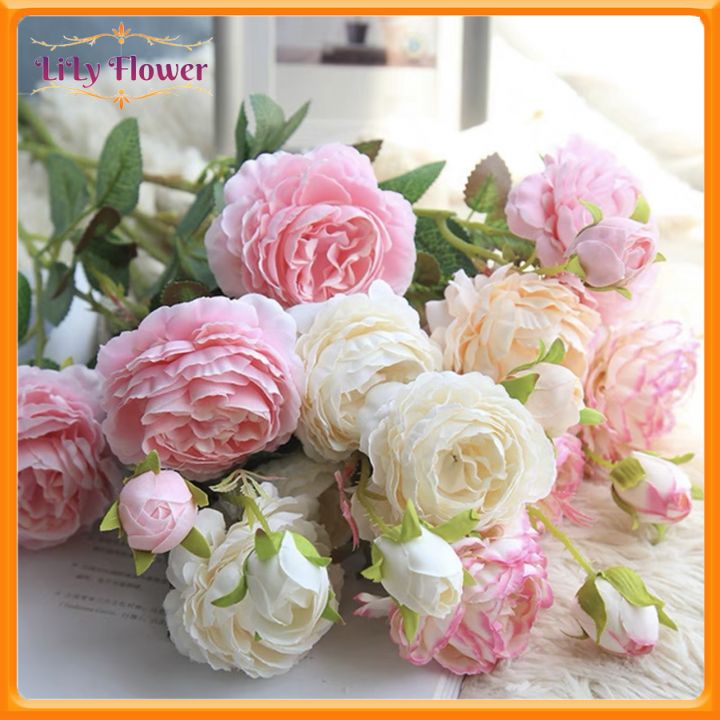 Combo 5 cành hoa mẫu đơn cao cấp cành 3 bông siêu đẹp trang trí phòng khách - Hoa lụa - Hoa giả trang trí nội thất, tiệc cưới, sự kiện