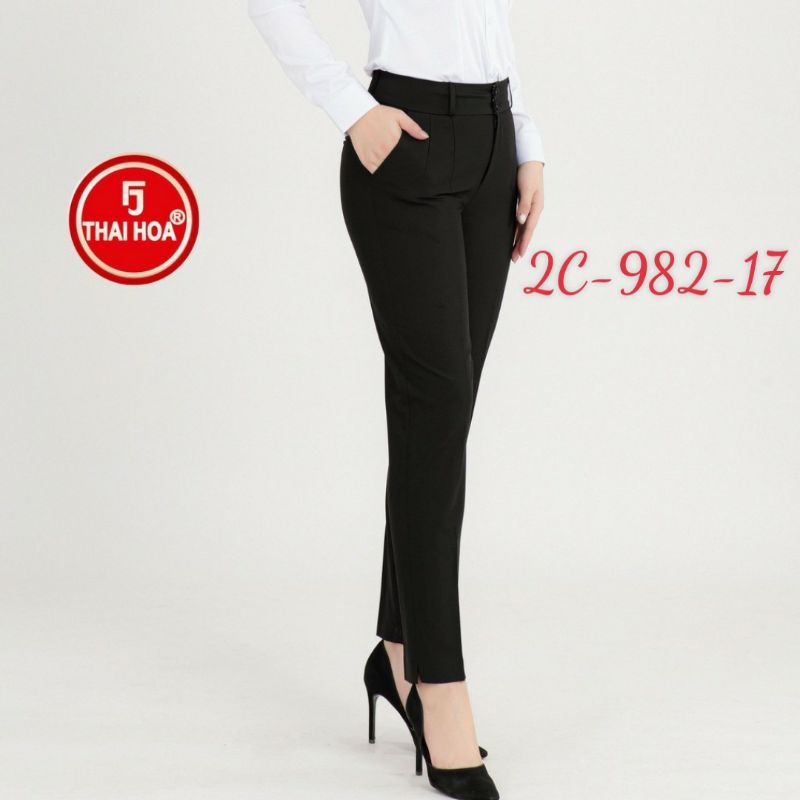 Quần tây nữ thái hoà 9 tấc lưng cao vải mềm giãn màu đen 2c-982-17