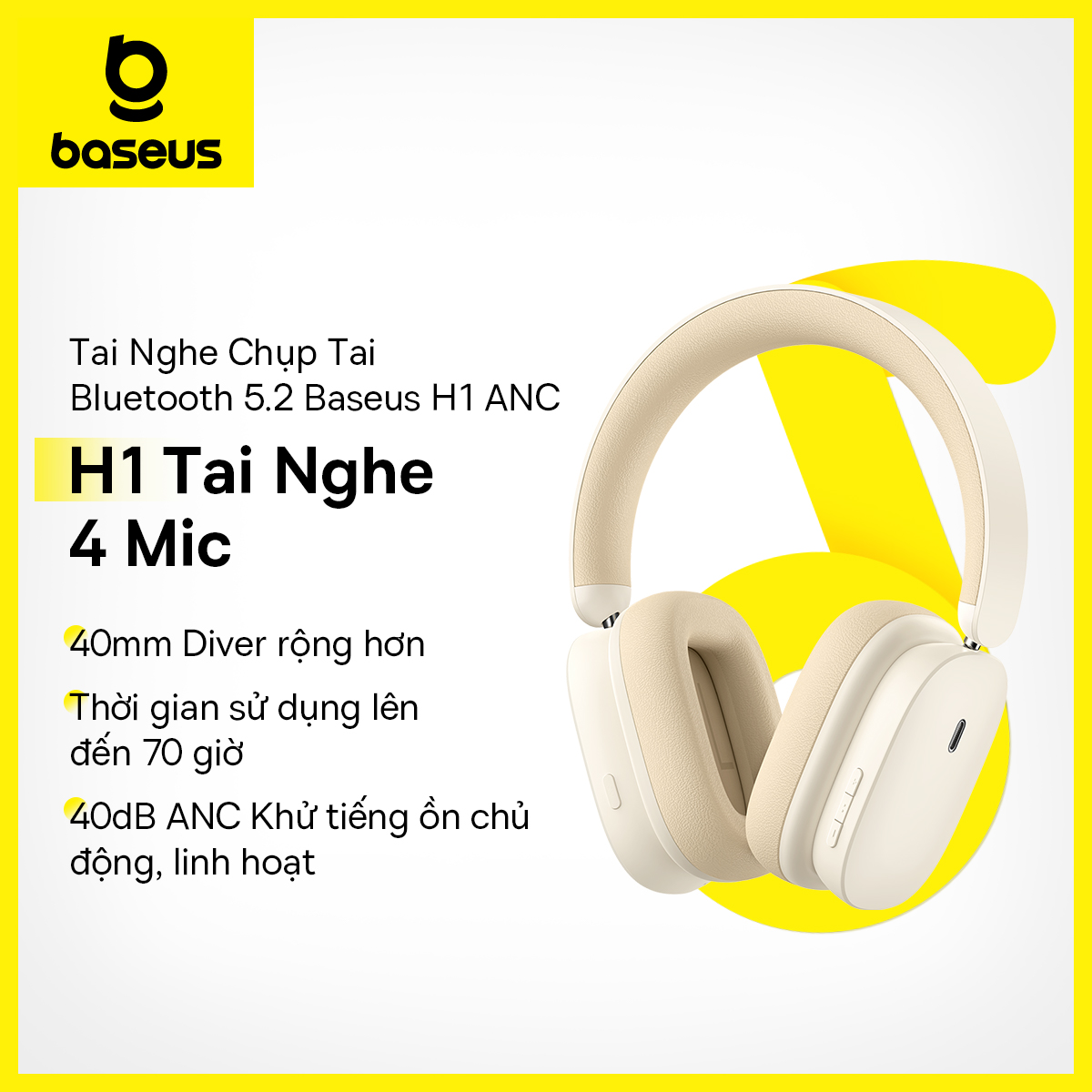 Tai nghe loại chụp tai không dây baseus h1 anc bluetooth 5.2 tai nghe chống ồn chủ động cho android ios pc hifi