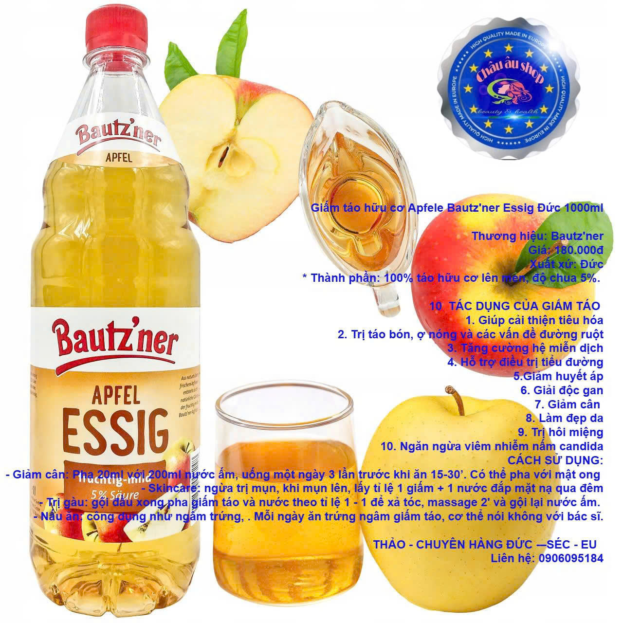 GIẤM TÁO HỮU CƠ Bautz'ner APFEL ESIG ĐỨC 1000ml