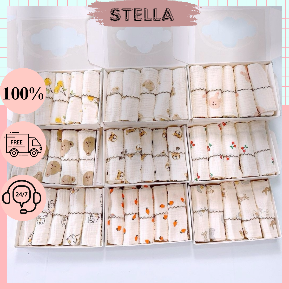 Set hộp 5 chiếc khăn sữa vải Muslin cao cấp 2 lớp thấm hút mềm mại cho bé sơ sinh