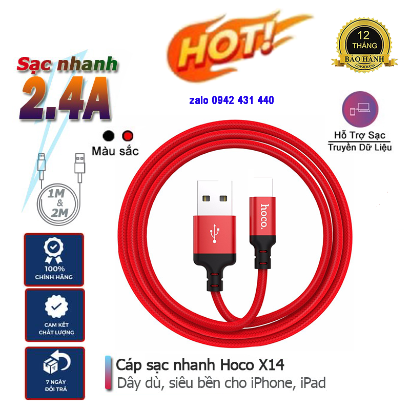 Dây sạc iphone Hoco x14 1m và 2m - Cáp sạc lightning cho IP 7 8 x 11 .. ipad