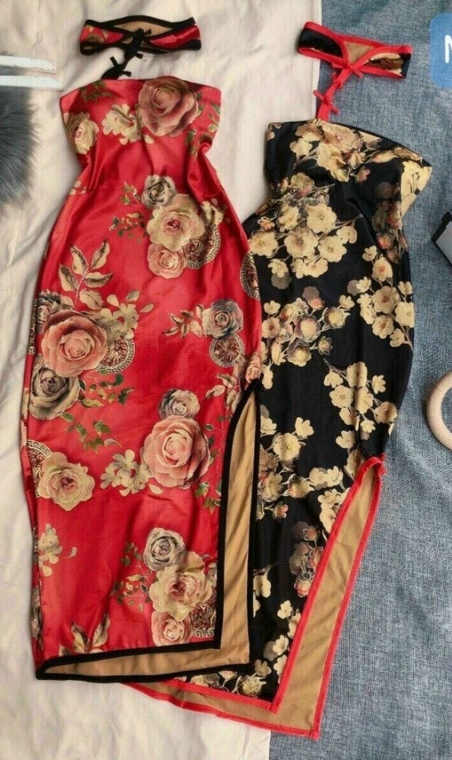 [HCM]Đầm cổ tàu viền đính nút xẻ tà cao cấp có mút hai màu ( màu đen và màu đỏ )