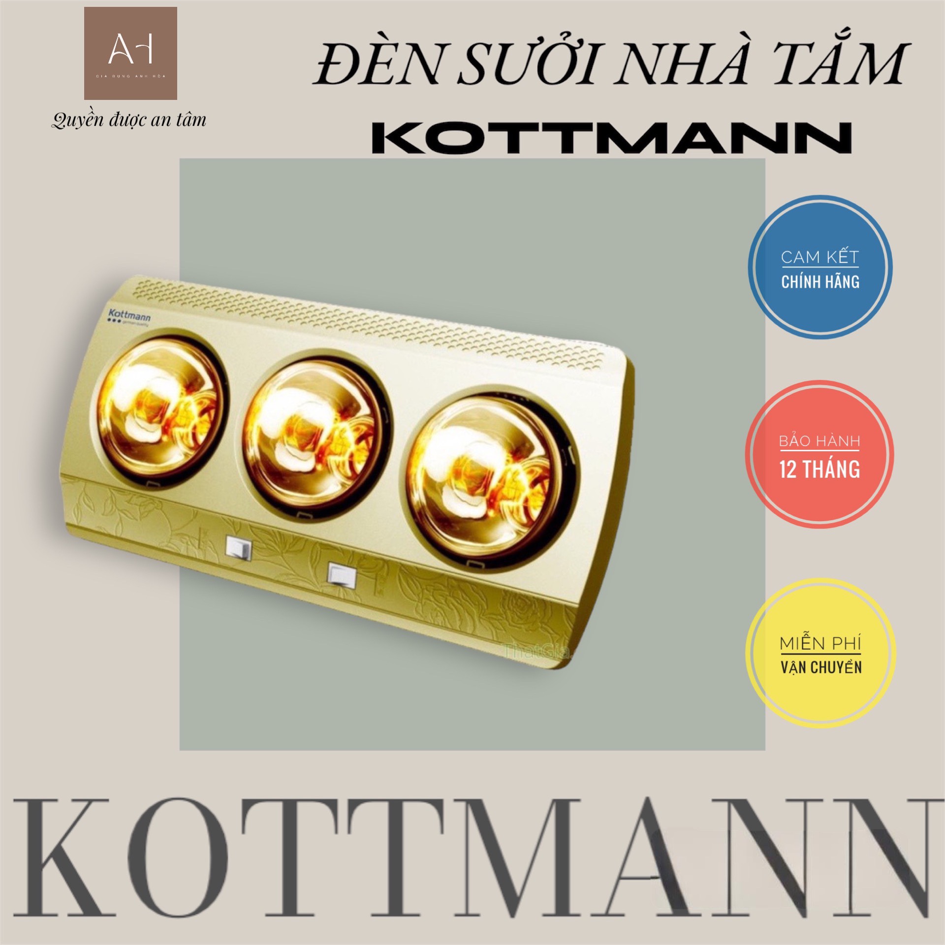 Đèn sưởi nhà tắm kottmann k3b-g 2-3 bóng vàng siêu bền tiết kiệm điện năng, chính hãng, bảo hành 12 tháng