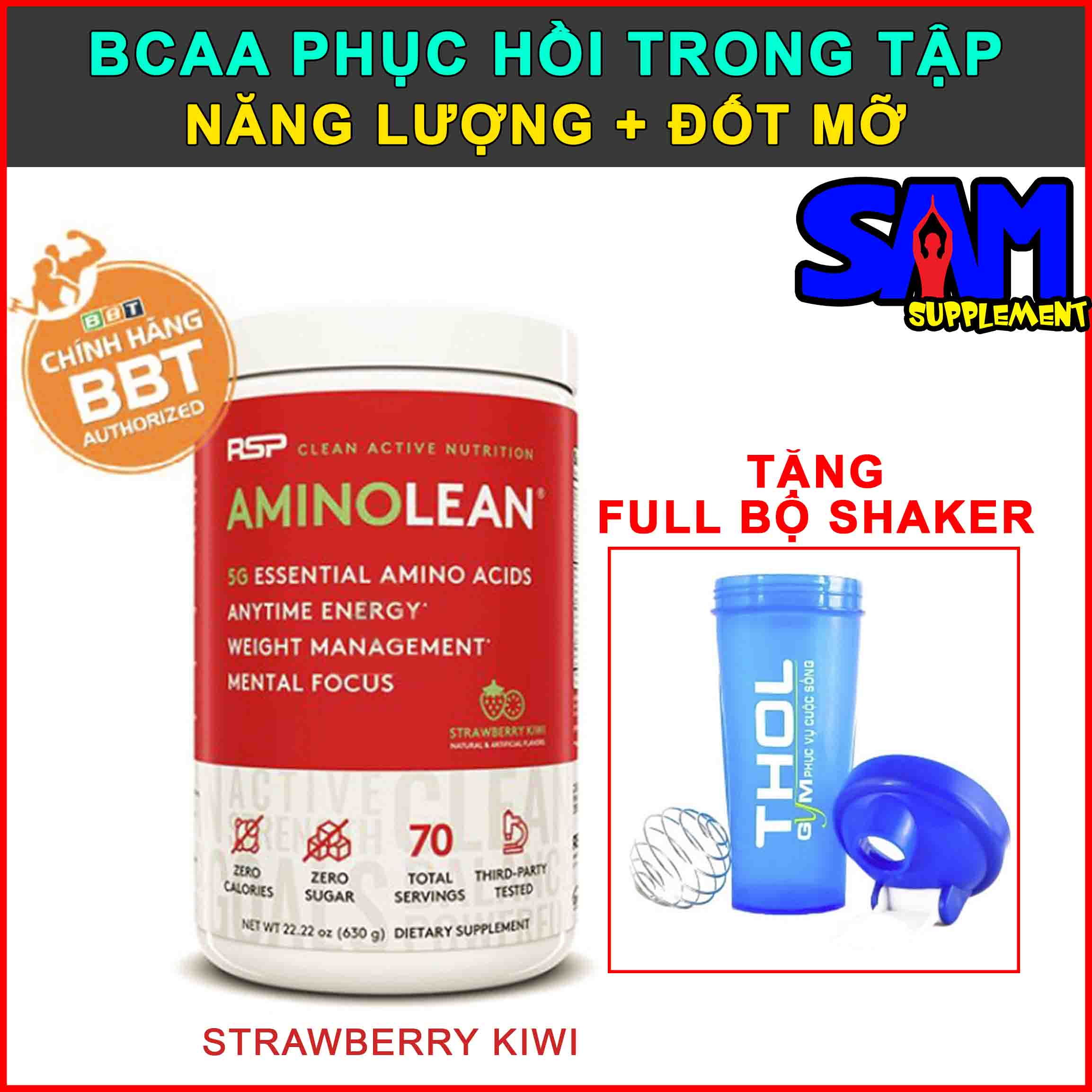 [Chính hãng BBT] RSP AminoLean 70 liều dùng - Đốt mỡ, BCAA trong tập, Đốt mỡ, Tập trung, Tỉnh táo - Tem nhãn chính hãng BBT, THOL- VỊ STRAWBERRY KIWI