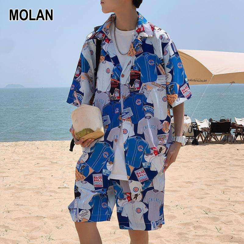 Molan nam áo đơn giản vải cotton dáng rộng in hình hawaiian áo sơ mi ngắn tay nam áo sơ mi tay ngắn đơn giản áo sơ mi ngắn tay