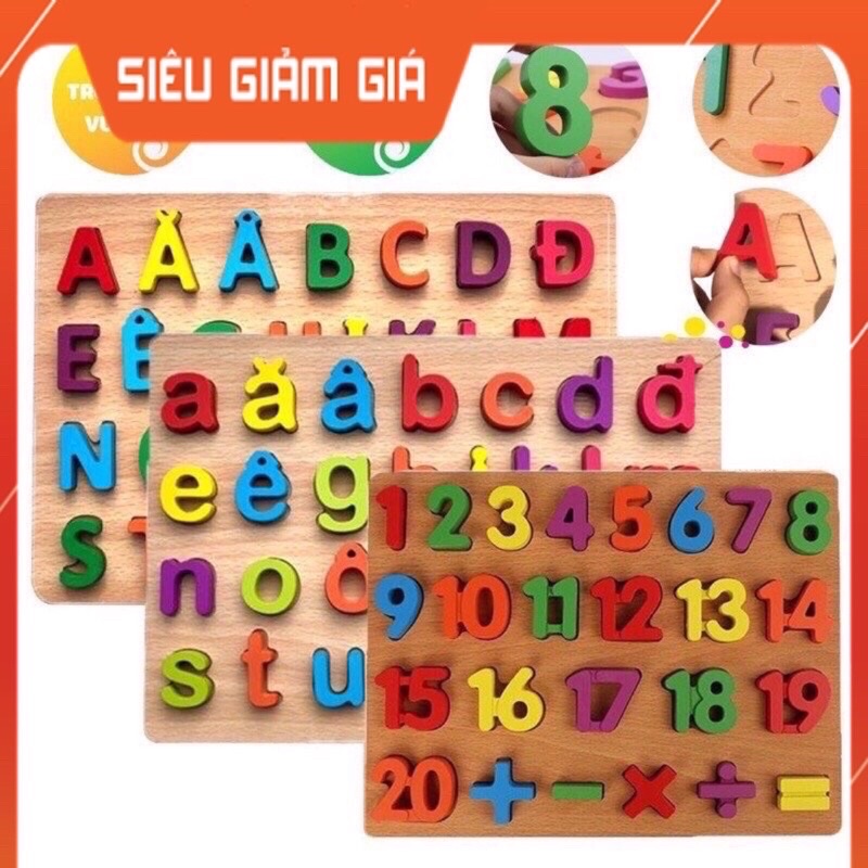 COMBO 3 BẢNG GỖ NỔI DÀNH CHO BÉ CHỮ THƯỜNG, in hoa, số