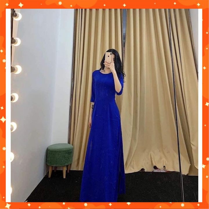 Áo Dài Lụa Nhật - Màu Xanh Cô Ban Đậm Siêu Đẹp