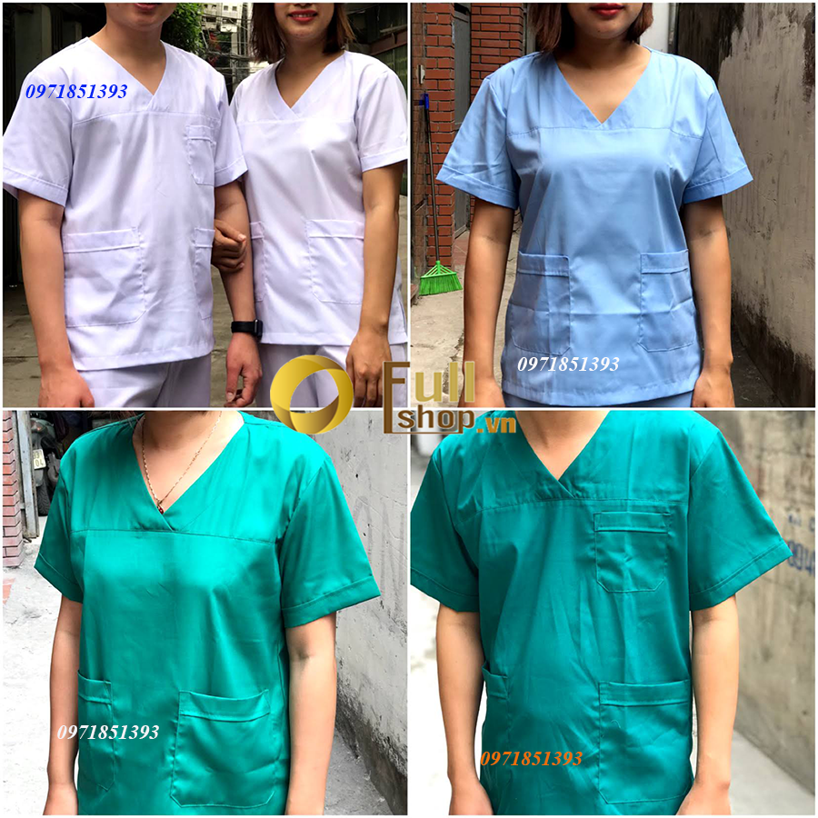 Bộ đồng phục nữ cổ tim cho phòng khám, thẩm mỹ viện spa màu xanh dương, xanh lá, trắng