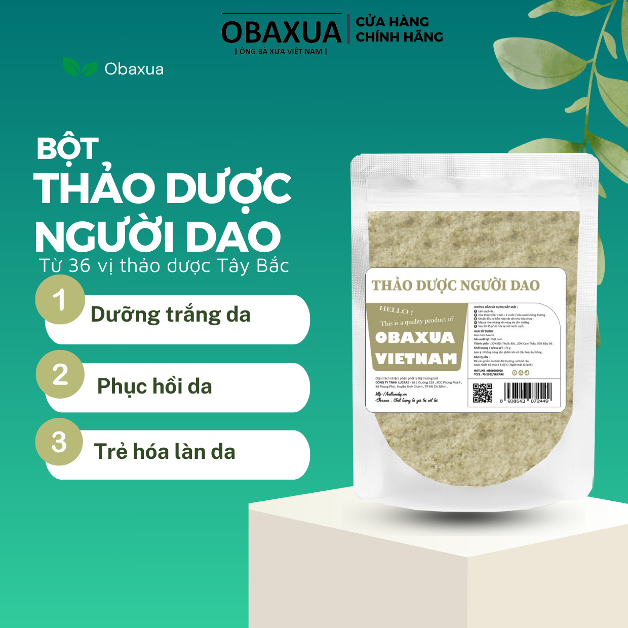 Bột tắm thảo dược người dao OBAXUA - Mặt nạ đắp mặt và dưỡng trắng toàn thân, giúp da trắng mịn màng, chống lão hóa