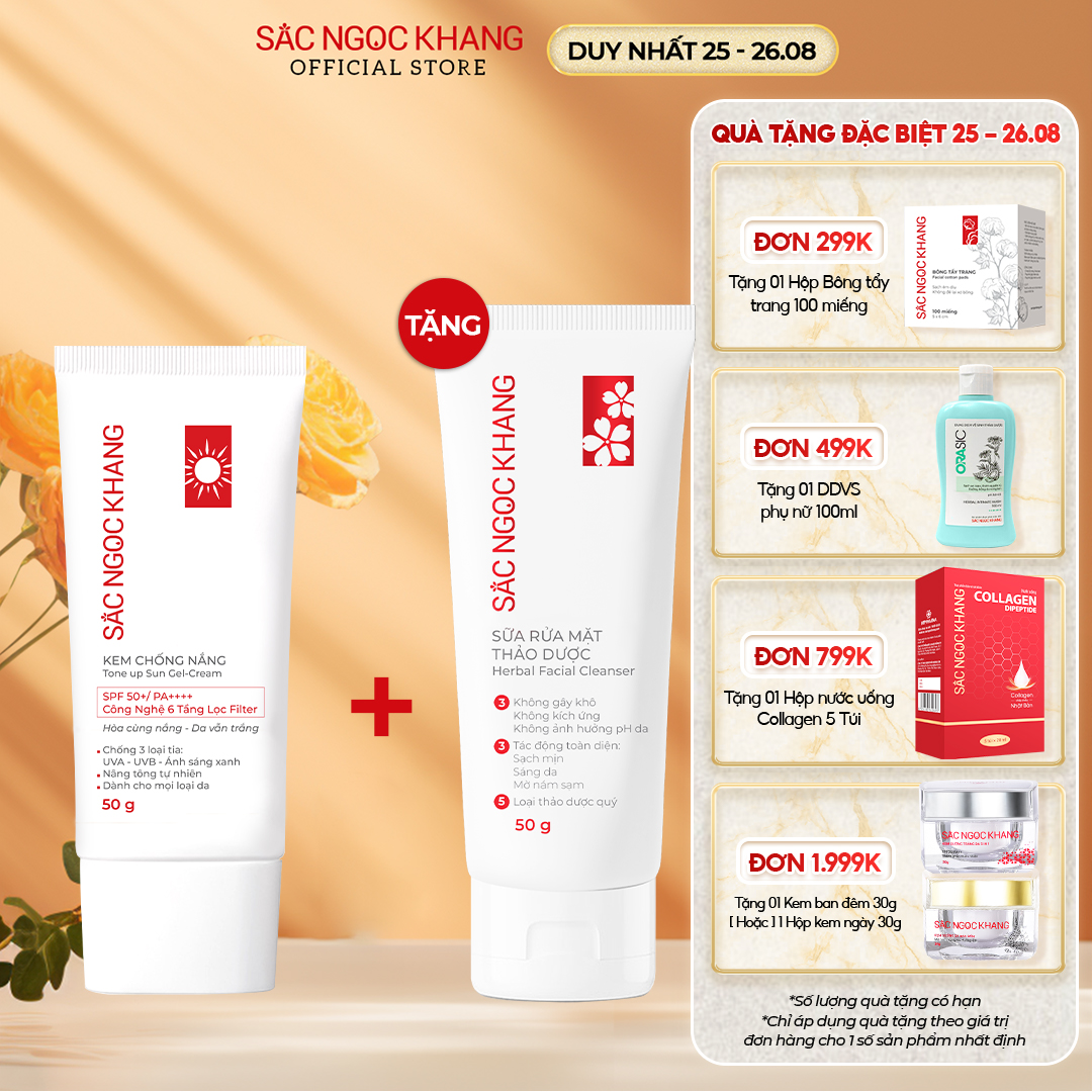 [ HOT DEAL ] Kem Chống Nắng nâng tông quang phổ rộng Sắc Ngọc Khang SPF50+/ PA++++ giúp chống nắng hiệu quả và kéo dài tuýp 50g