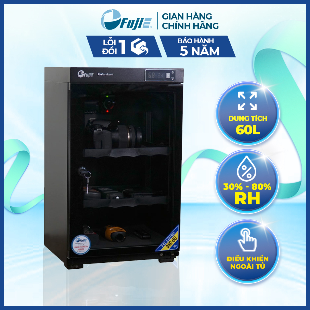 Tủ chống ẩm máy ảnh FujiE DHC60 tủ chống ẩm dung tích 60 lít có màn hình hiển thị và đèn led trong tủ nhập khẩu chính hãng công nghệ Nhật Bản bảo hành 5 năm