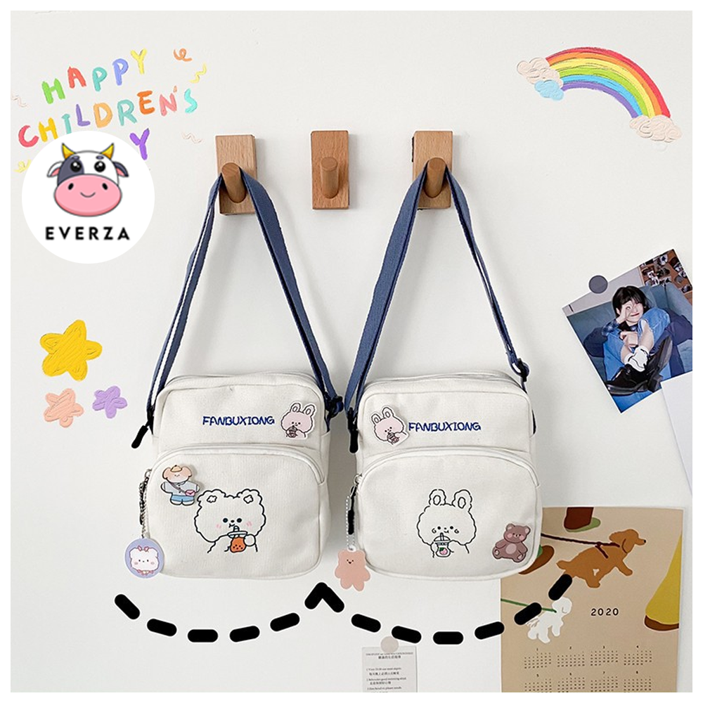 Túi Đeo Chéo Mini Vải Canvas Họa Tiết Hình Thỏ Và Gấu Siêu Dễ Thương Hai Ngăn Nhỏ Gọn Phong Cách Hàn Quốc