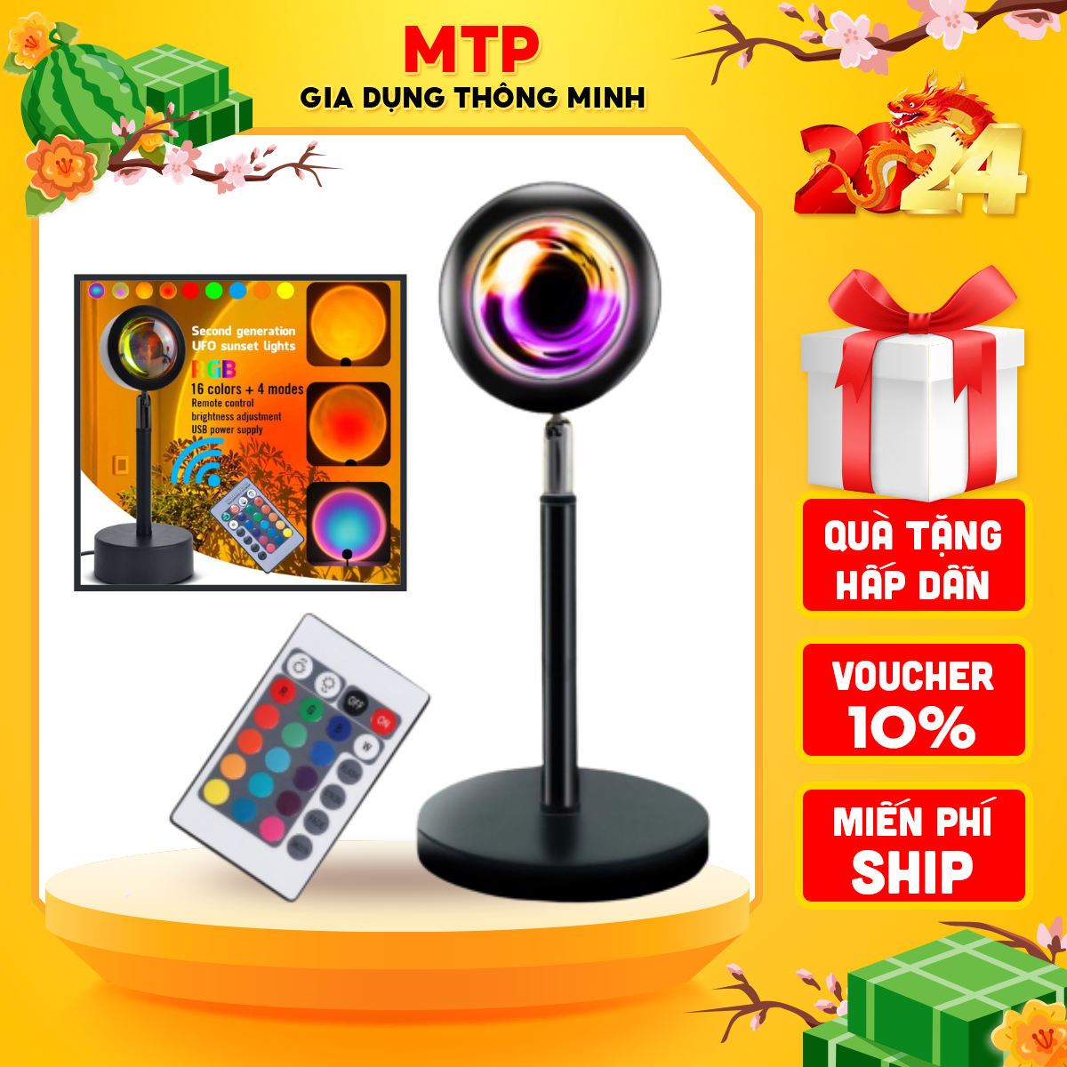 Đèn hoàng hôn 16 màu remote, Đèn sunset 16 màu tặng kèm remote từ xa