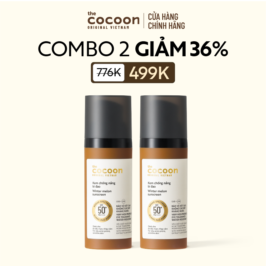 COMBO 2 Kem chống nắng bí đao Cocoon quang phổ rộng SPF 50 +, PA ++++ 50ml