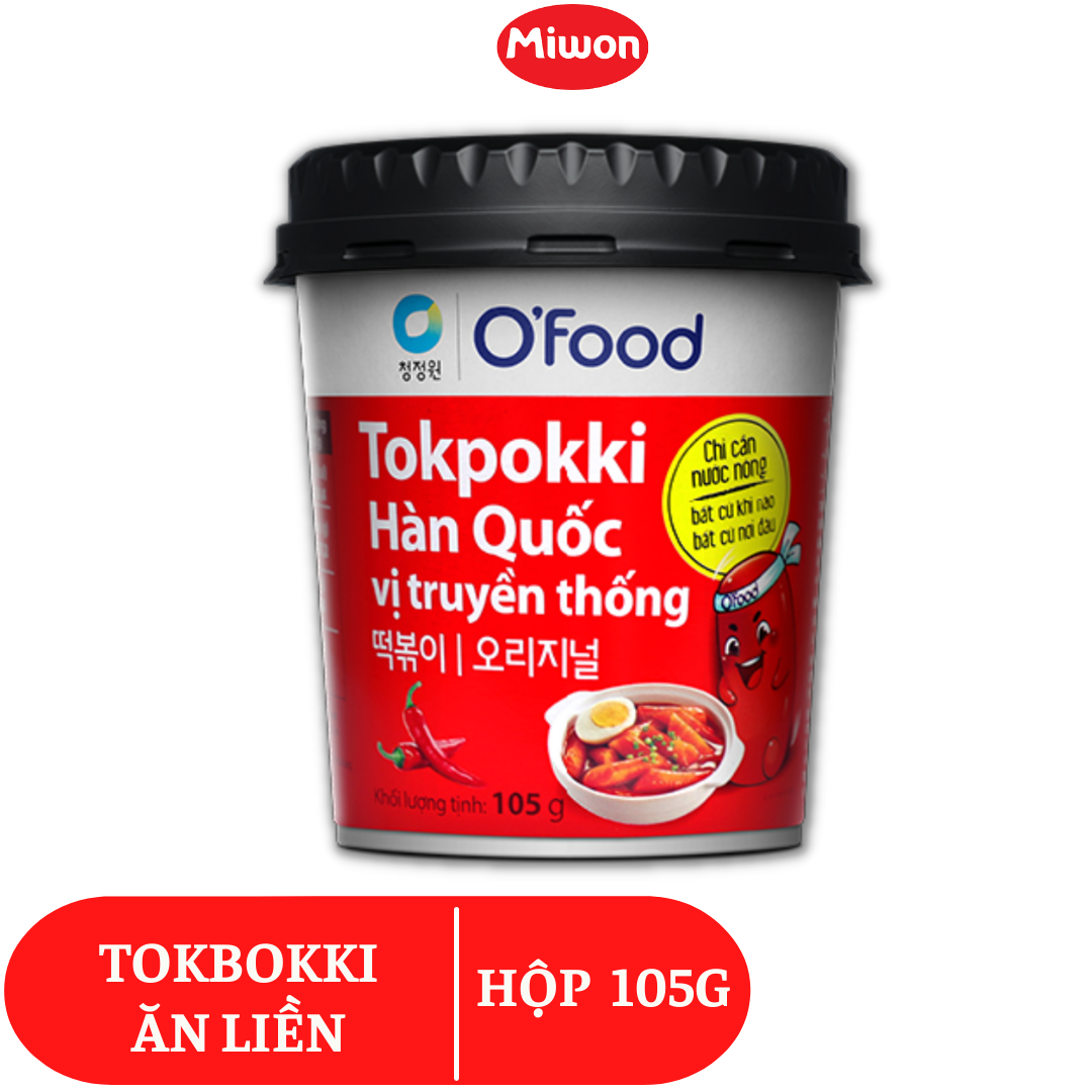 Tokbokki ăn liền Hàn Quốc O'Food hộp 105g vị cay Gochujang, pha chế bằng nước sôi, có kèm theo sốt trộn ăn cùng