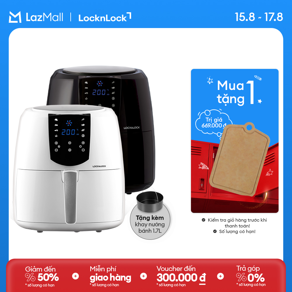 EJF357 - Nồi chiên không dầu LockLock 5.2L - Cảm ứng, 7 chế độ nấu, Tỏa nhiệt đối lưu, Tặng khay bánh - Chính hãng - Bảo hành 2 năm