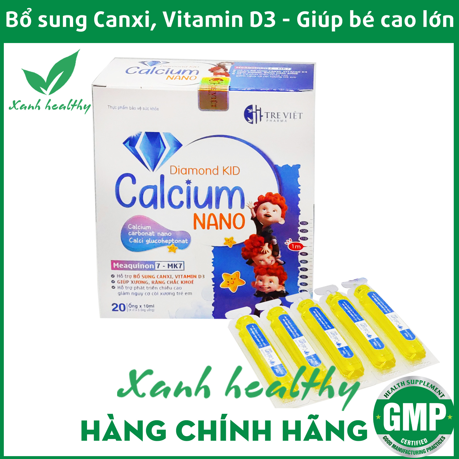 Canxi cho bé CALCIUM NANO Diamond Kid - Canxi cho bé từ 1 tuổi - bổ sung canxi, vitamin D3, K2, giúp phát triển chiều cao, giảm còi xương - Hộp 20 ống XANH Healthy